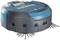 A blue, circular robot vacuum cleaner with multiple brushes on its underside, visible brand lettering.