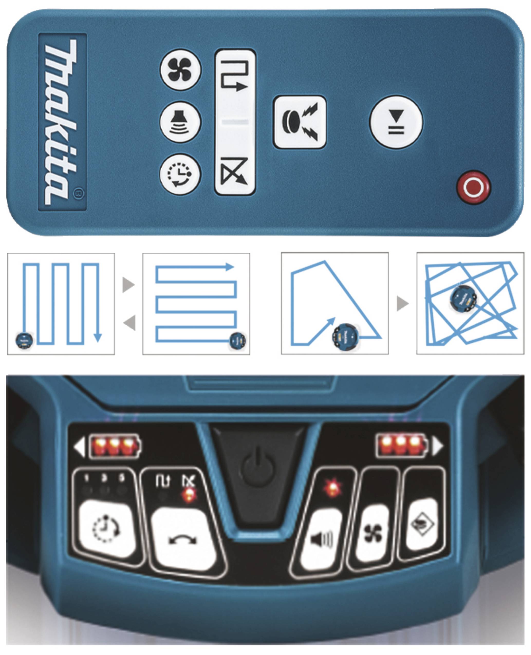 A control panel with various symbols for fan, timer, and mode. Underneath, symbols for cleaning patterns.