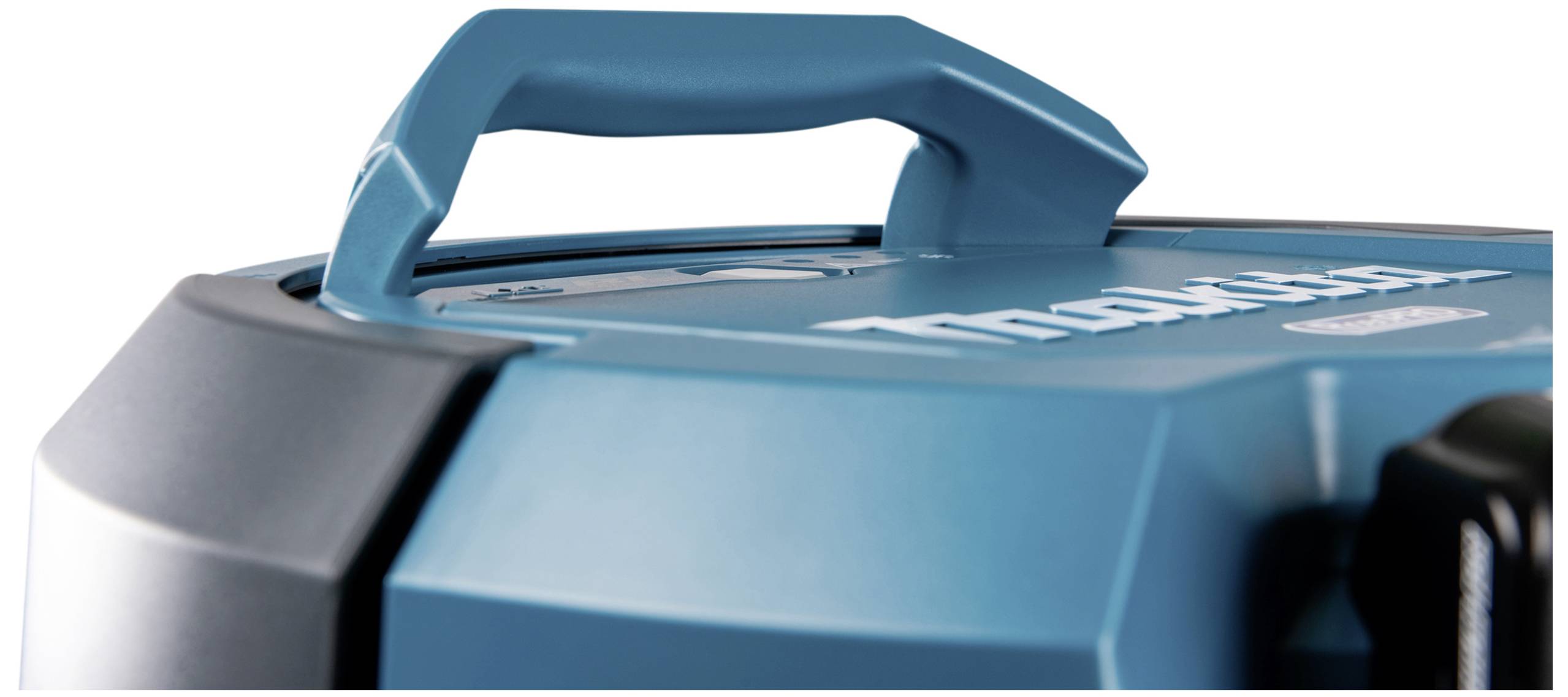 Vacuum cleaner lid with handle. Contains the brand name in white.