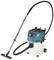 Industrial vacuum cleaner with a blue and white casing and long hose, suitable for commercial cleaning tasks.