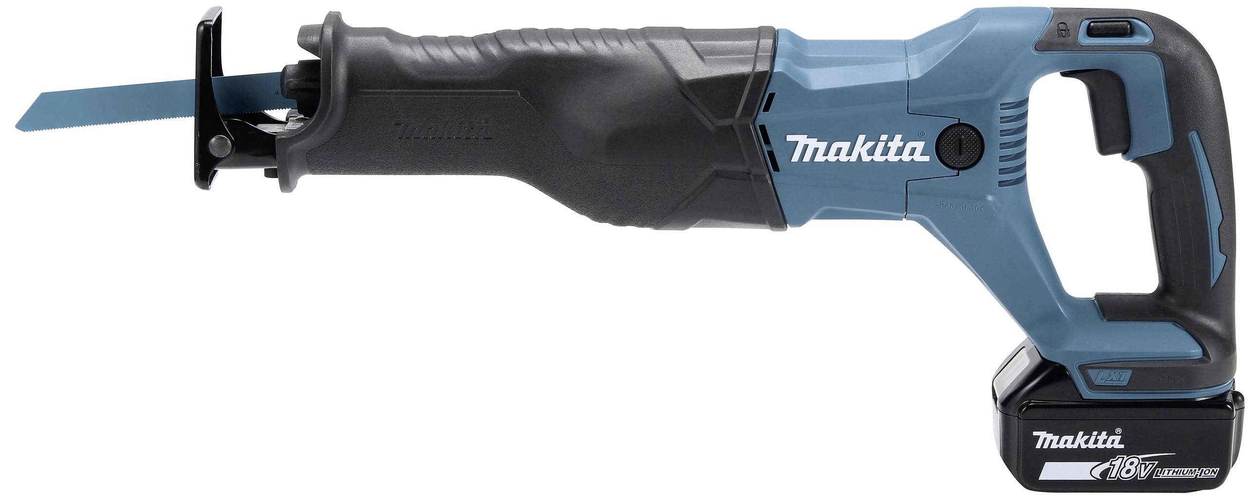 Cordless blue reciprocating saw, positioned on the right side of the image, with a black handle and saw blade pointing to the left. Brand name visible on the casing.