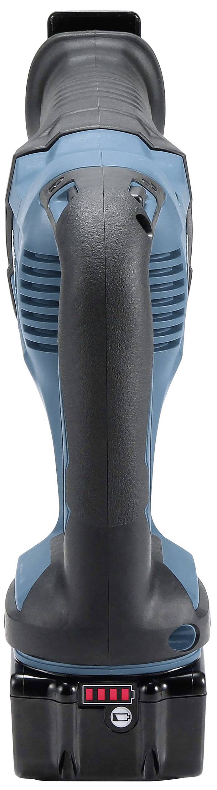 Battery-operated device in turquoise and black with an ergonomic handle and battery level indicator at the bottom. Suitable for cordless working.
