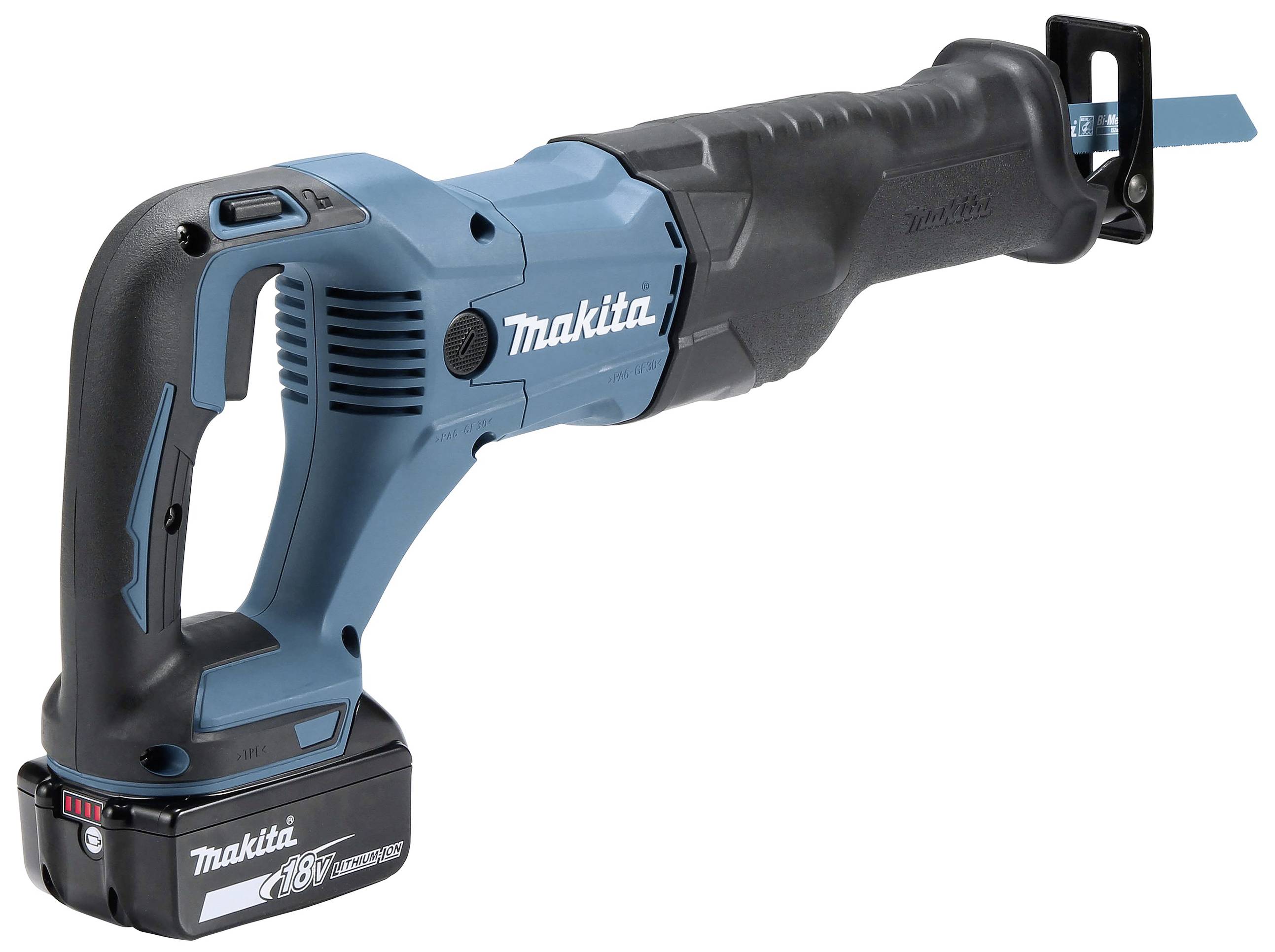 Battery-powered blue reciprocating saw by Makita, 18V model, side view. Shows the saw blade and grip area.