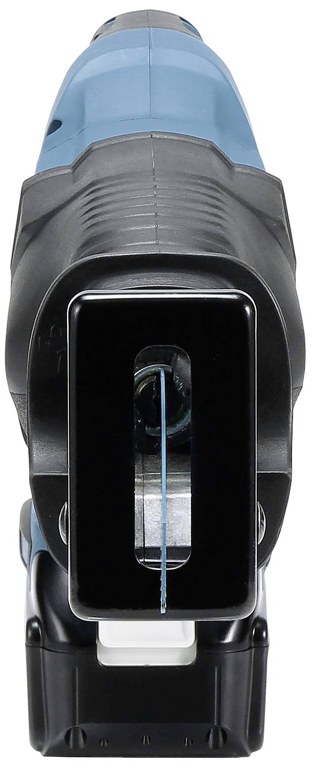 A blue electric jigsaw, shown head-on. The saw blade is visible in the centre, ready to cut.