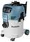 A blue and white industrial vacuum cleaner with wheels, multiple controls, and attachments is designed for heavy-duty cleaning tasks.