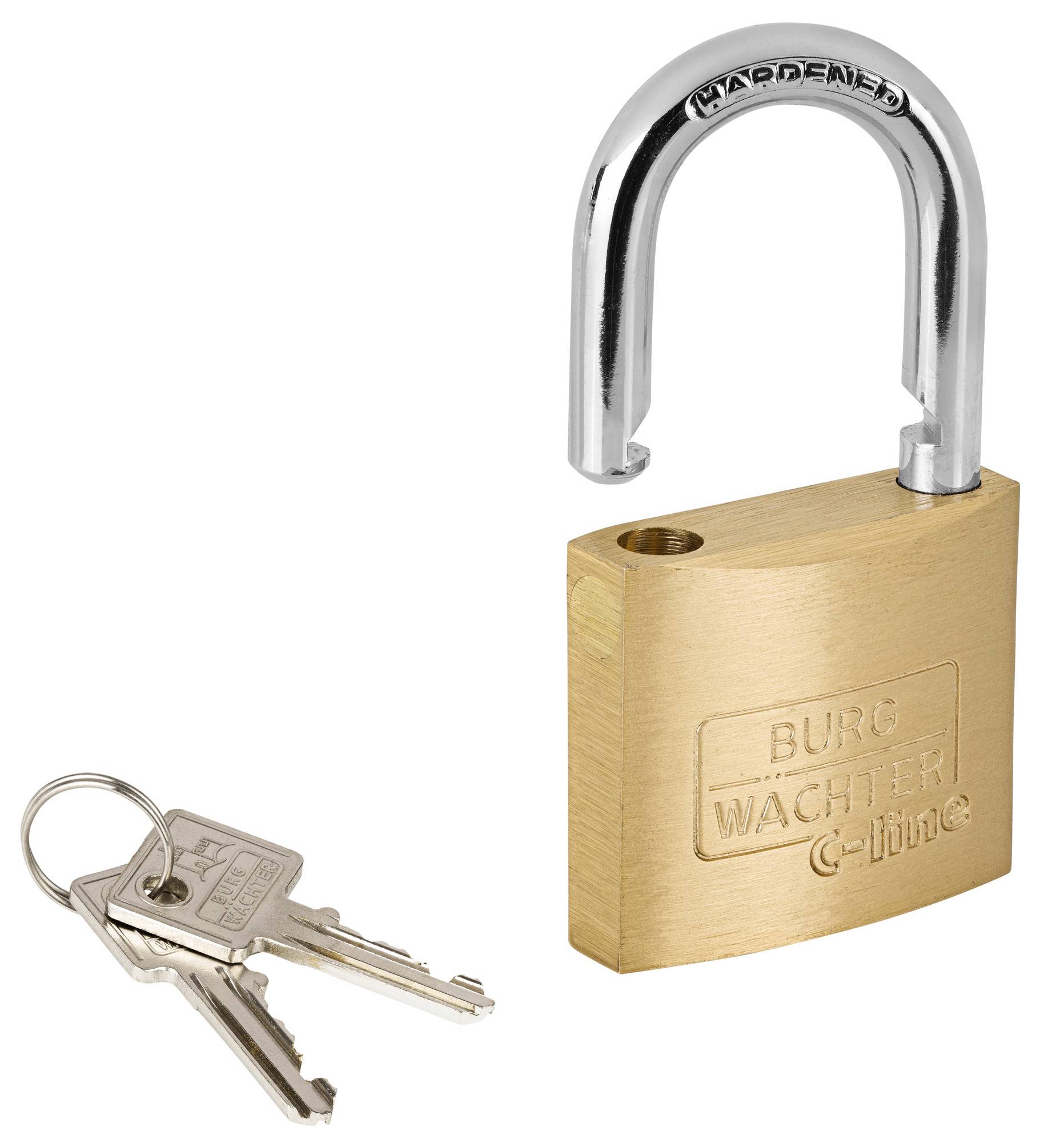 Brass padlock with an open shackle next to two keys. The padlock is inscribed with 'Burg Wächter C-line'.