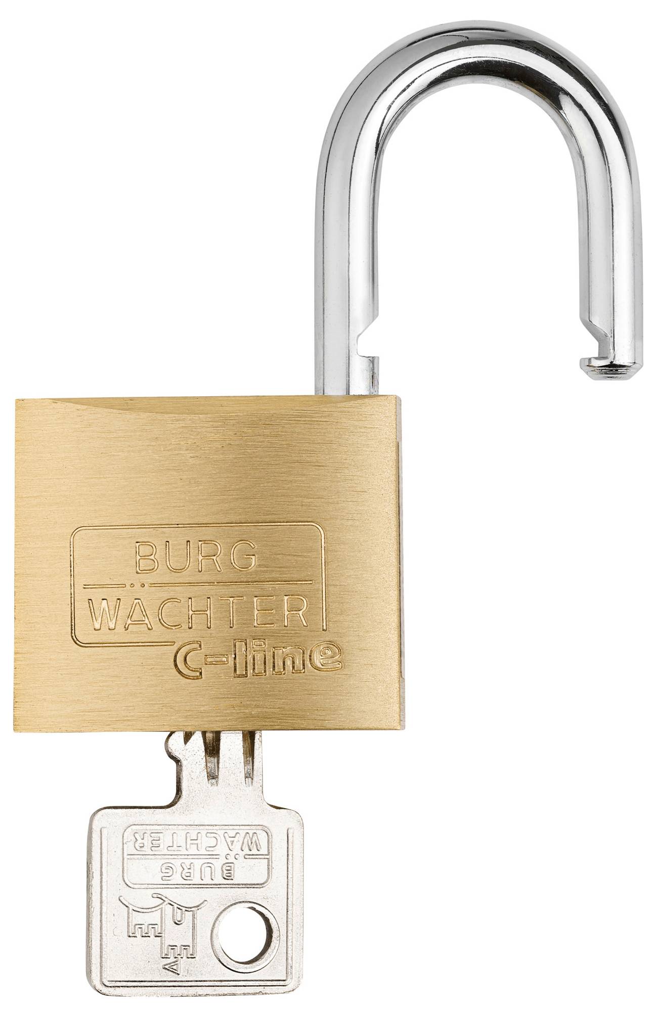 An open padlock with the inscription 'BURG WÄCHTER C-line', alongside a key.