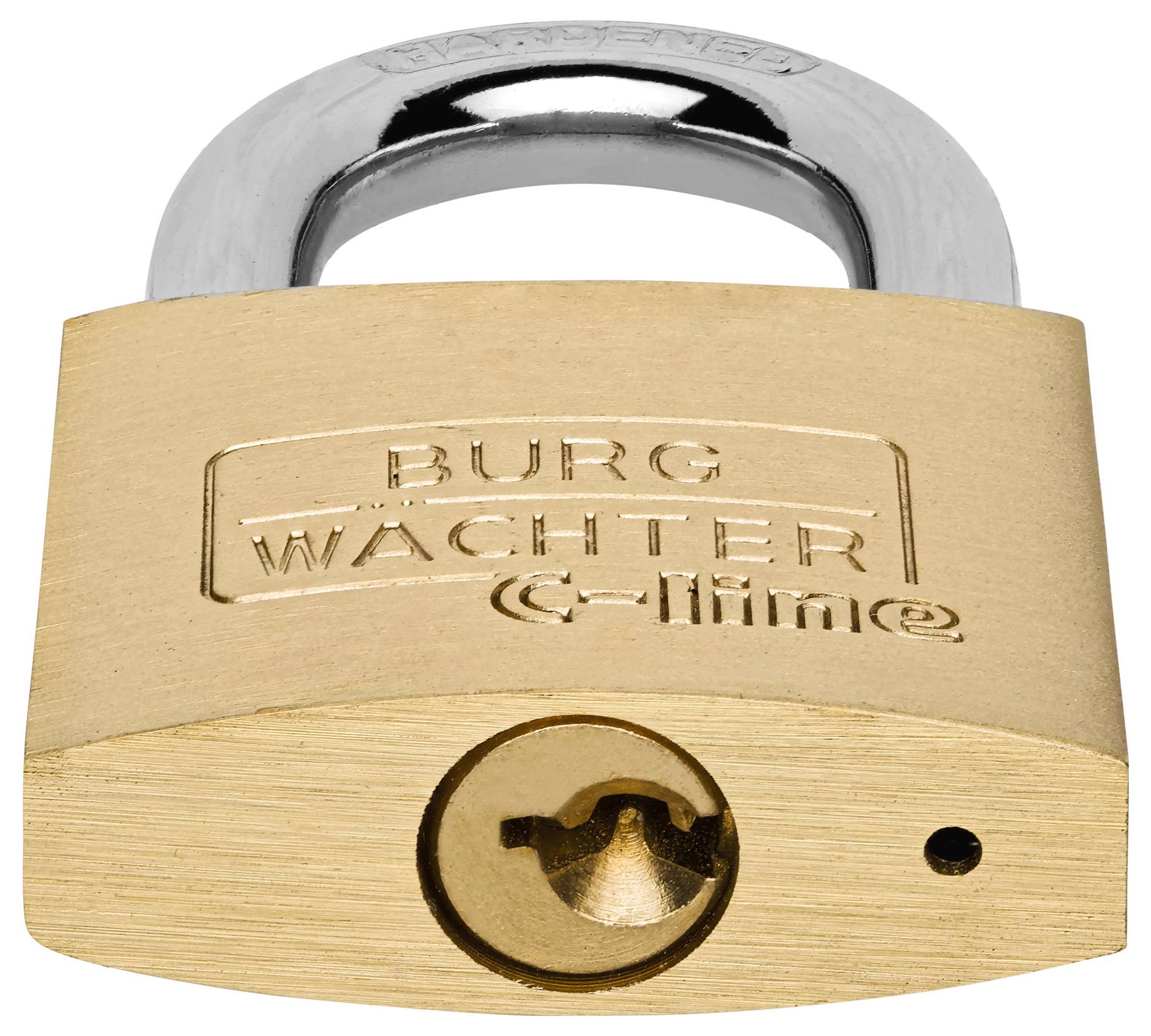 A golden padlock with a silver shackle. On the lock is written 'Burg Wächter C-line'.