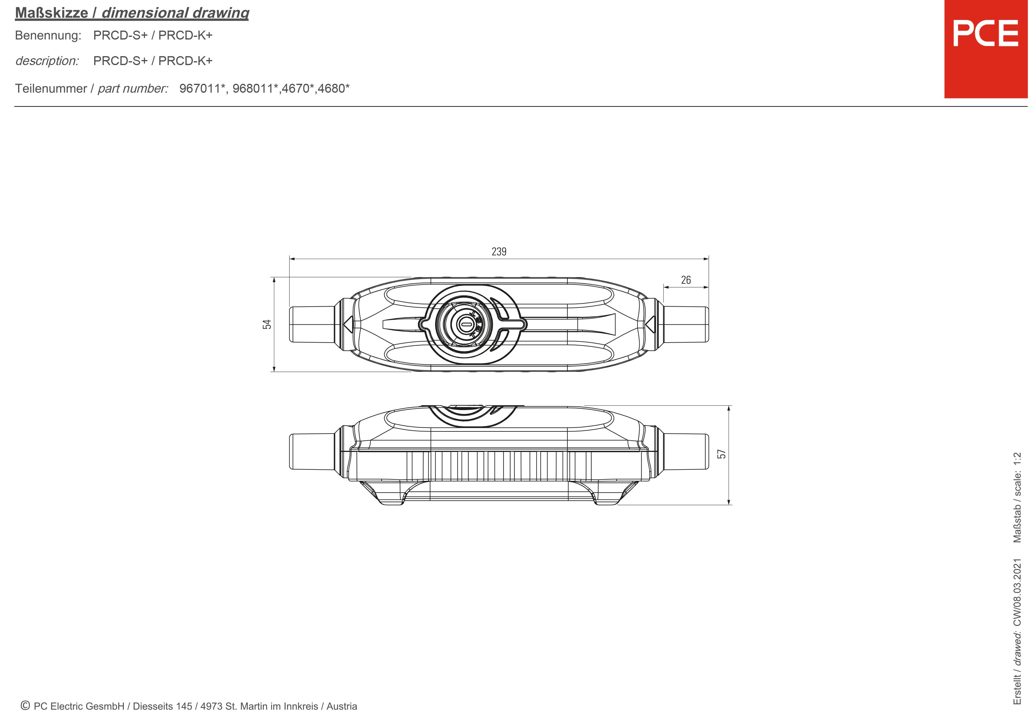 Technical drawing of a PCE device with dimensions of 723 mm width. Parts/Description: PRCD-S / PRCD-K+.