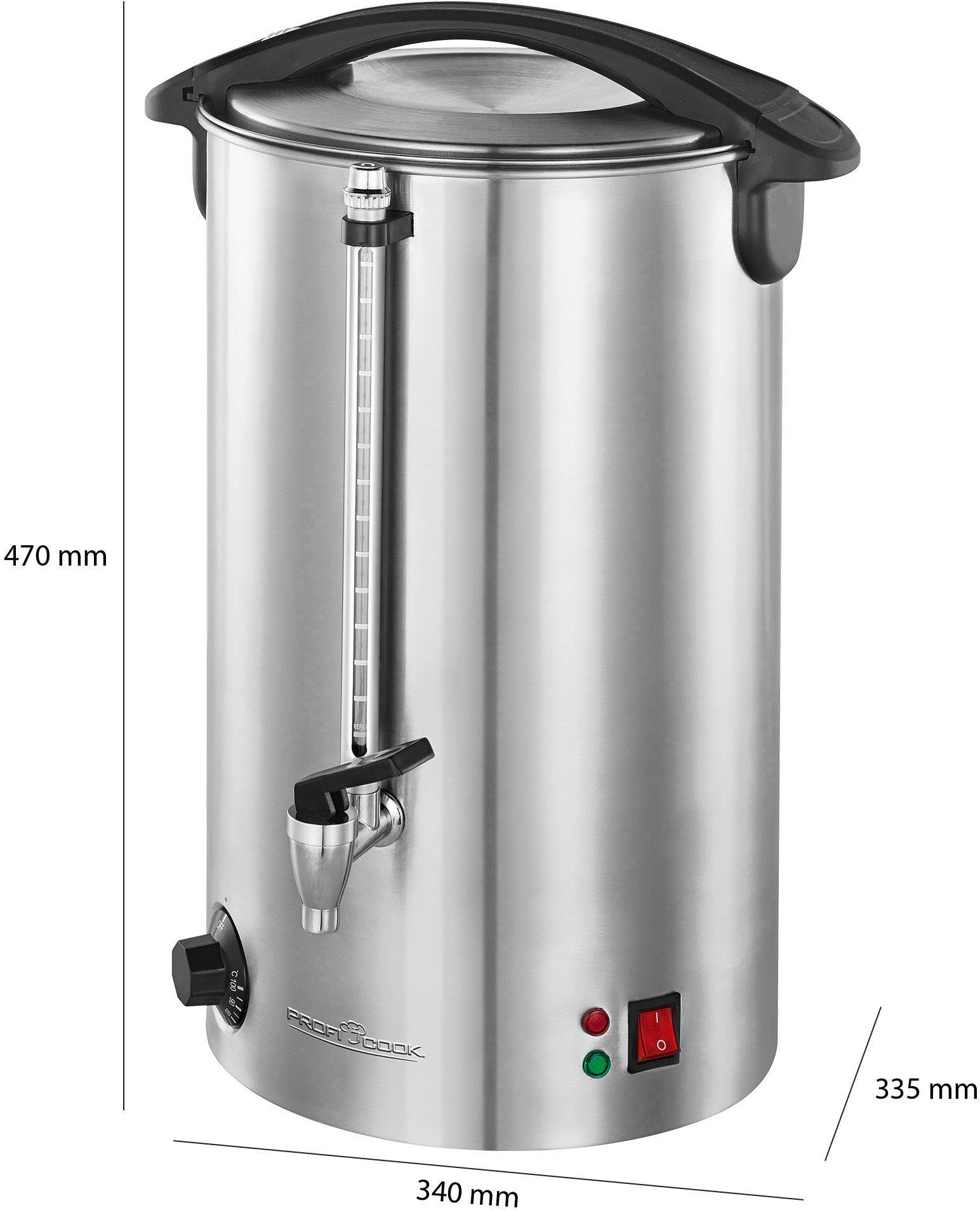 A silver water boiler with a tap, a temperature control dial and two indicator lights. Height 470 mm, width 340 mm.