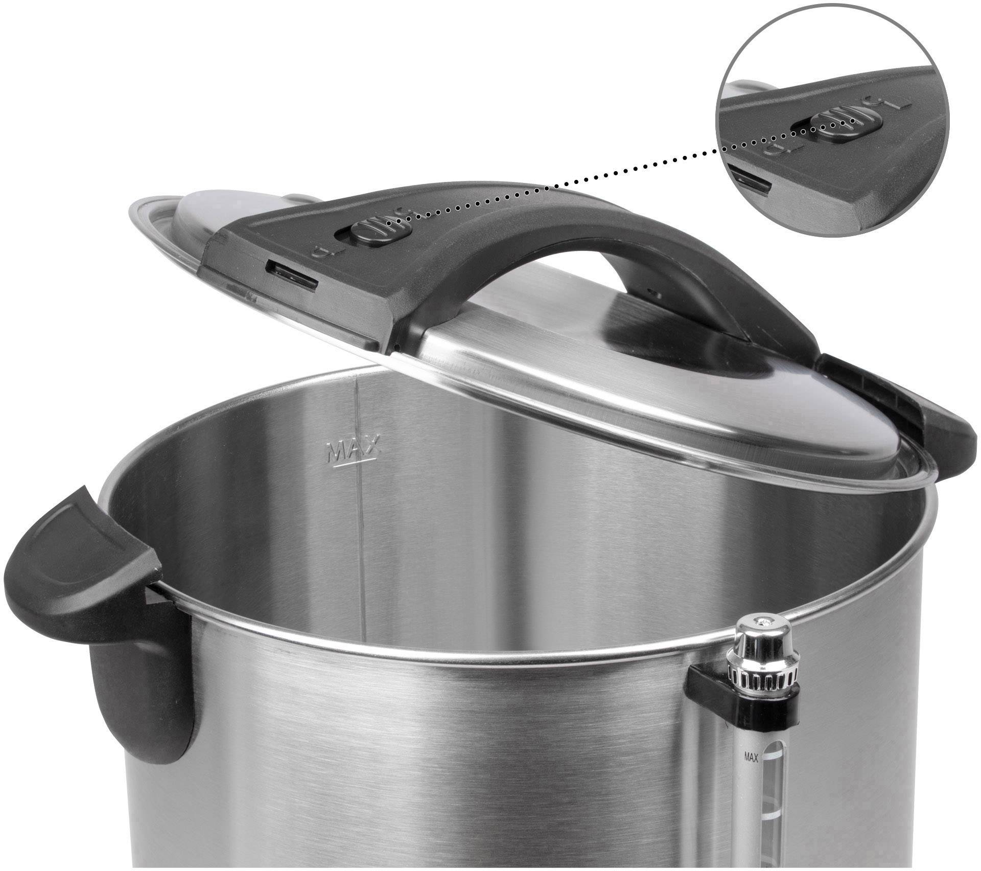 A stainless steel saucepan with a black, removable lid is shown. An enlarged section highlights the sealing mechanism on the lid.