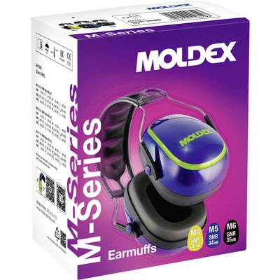 Moldex M-Series earmuffs packaging showing blue earmuffs with noise reduction ratings: M4 SNR 30 dB, M5 SNR 34 dB, M6 SNR 35 dB.