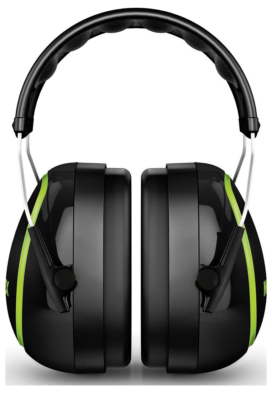 Black and green over-ear noise-cancelling headphones, front view.