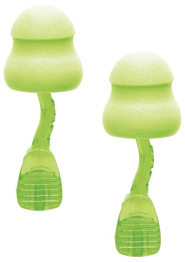 Two green earplugs attached to flexible handles, designed for easy removal, shown on a white background.