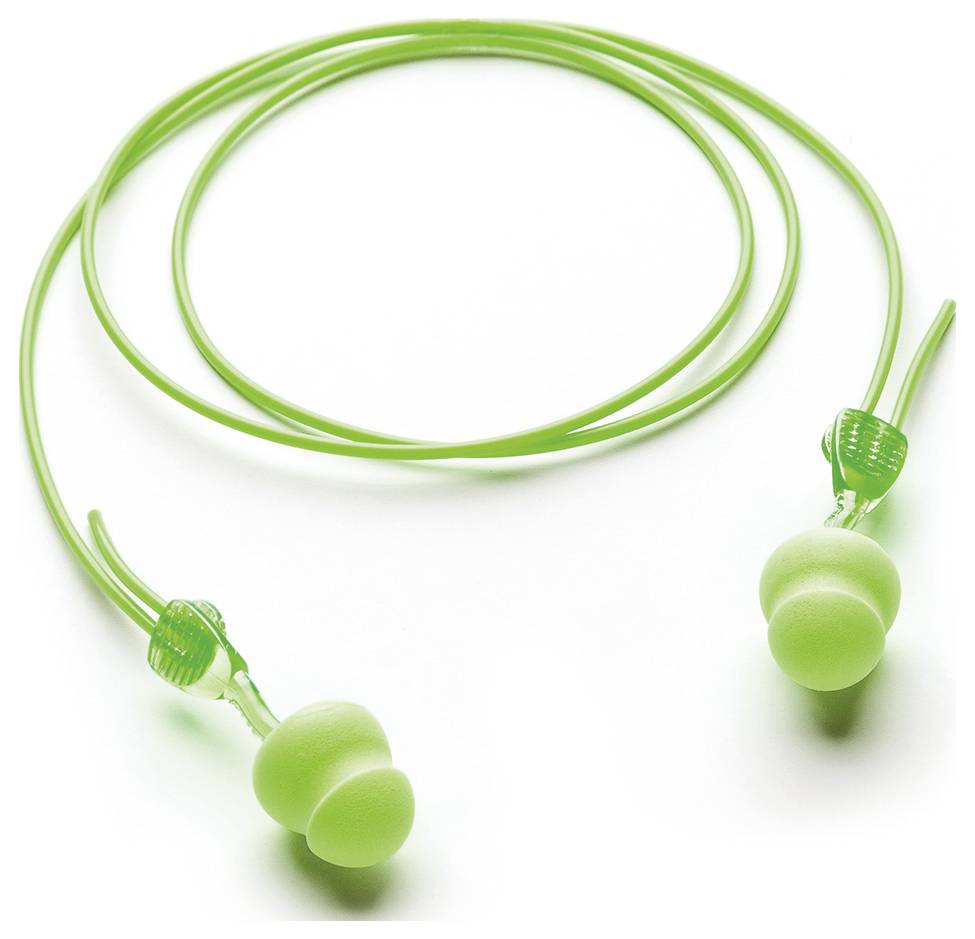 Bright green in-ear headphones with a long cord, laid out in a loose coil.