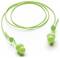 Bright green in-ear headphones with a long cord, laid out in a loose coil.
