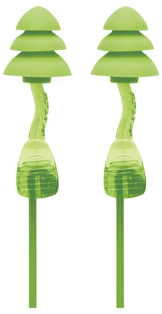 A pair of green earplugs connected by a curved stem. Each earplug resembles a small tree or mushroom shape.