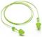 A pair of green earplugs connected by a flexible cord.