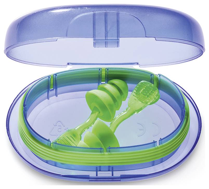 A pair of green earplugs in a blue, open carrying case, designed for hearing protection and comfort.