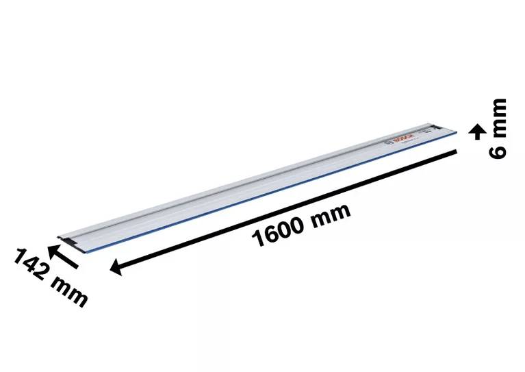 Metal rail with dimensions of 1600 mm, 142 mm, and 6 mm, suitable for precision work.