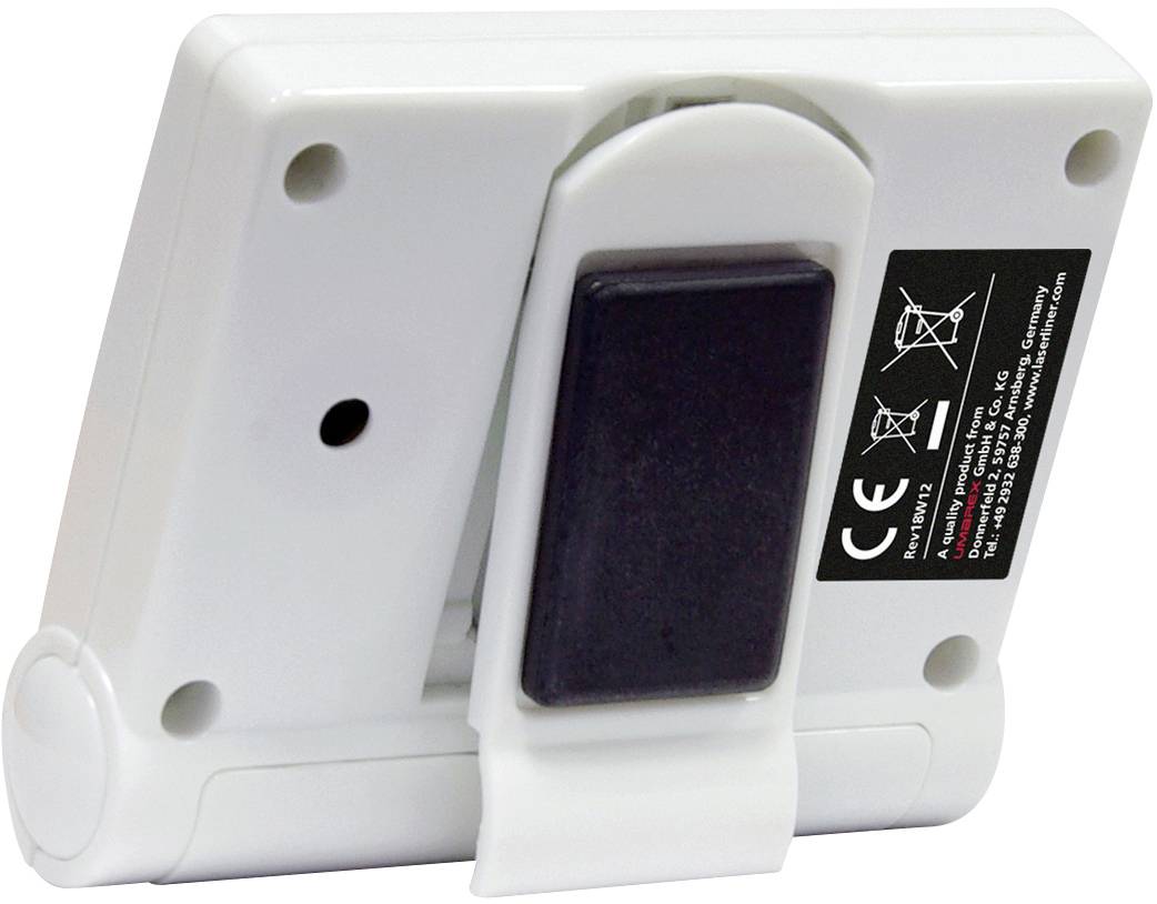 A white, rectangular device with a stand and CE marking on the back. Two mounting holes visible.