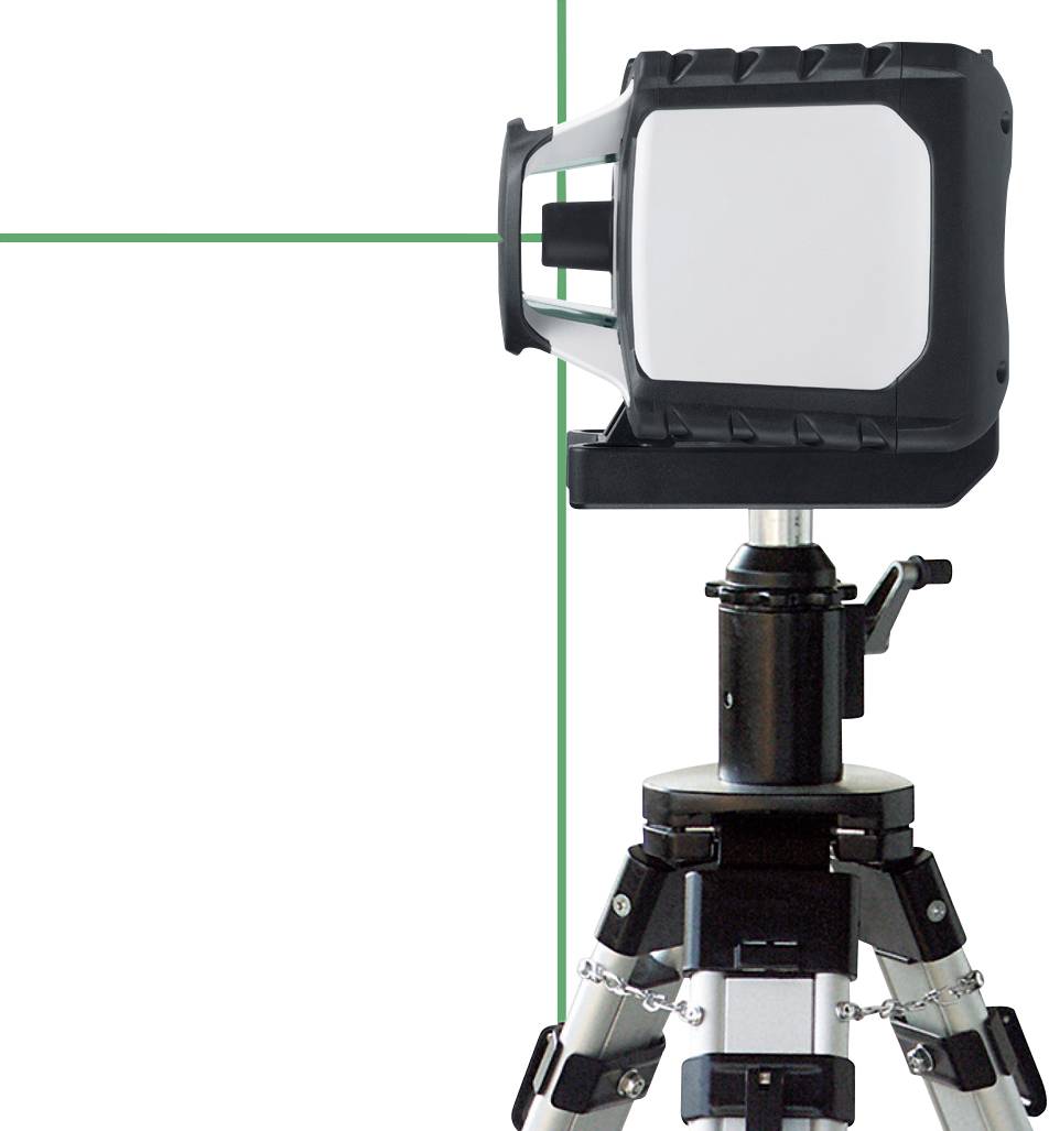'A construction floodlight on a tripod, photographed from the side, against a white background with green lines.'