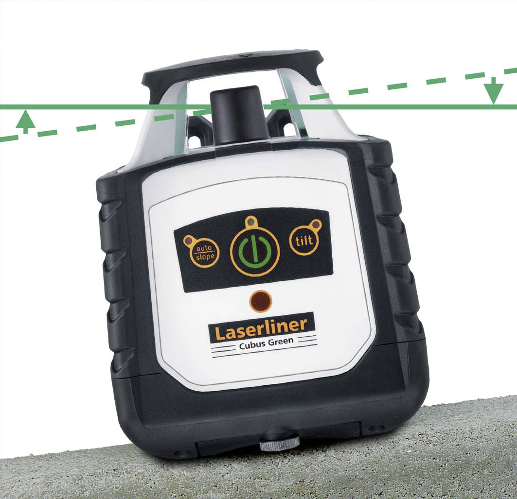'Laserliner Cubus Green' laser level on a concrete surface; green laser beam indicates horizontal levelling line.