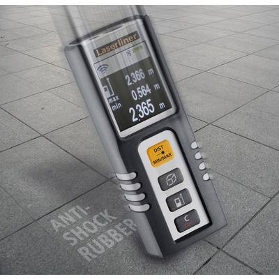 Electronic laser measuring device with display showing '2.366 m', surrounded by grey tiles. Focus on 'anti-shock rubber' function.
