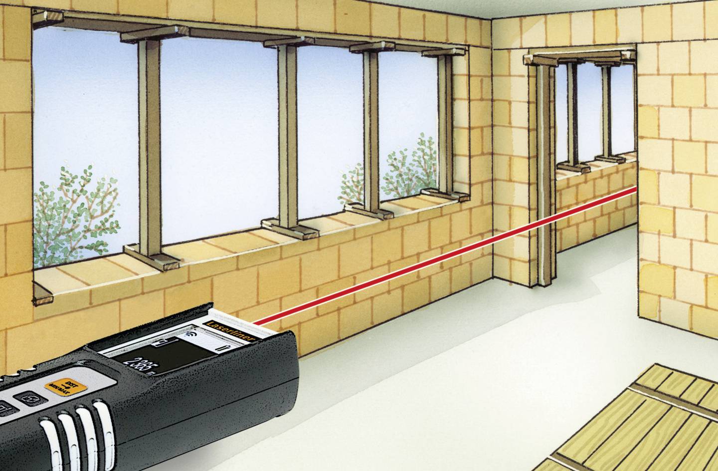 A laser measuring device measures the distance in a room with large windows and unplastered brick walls.
