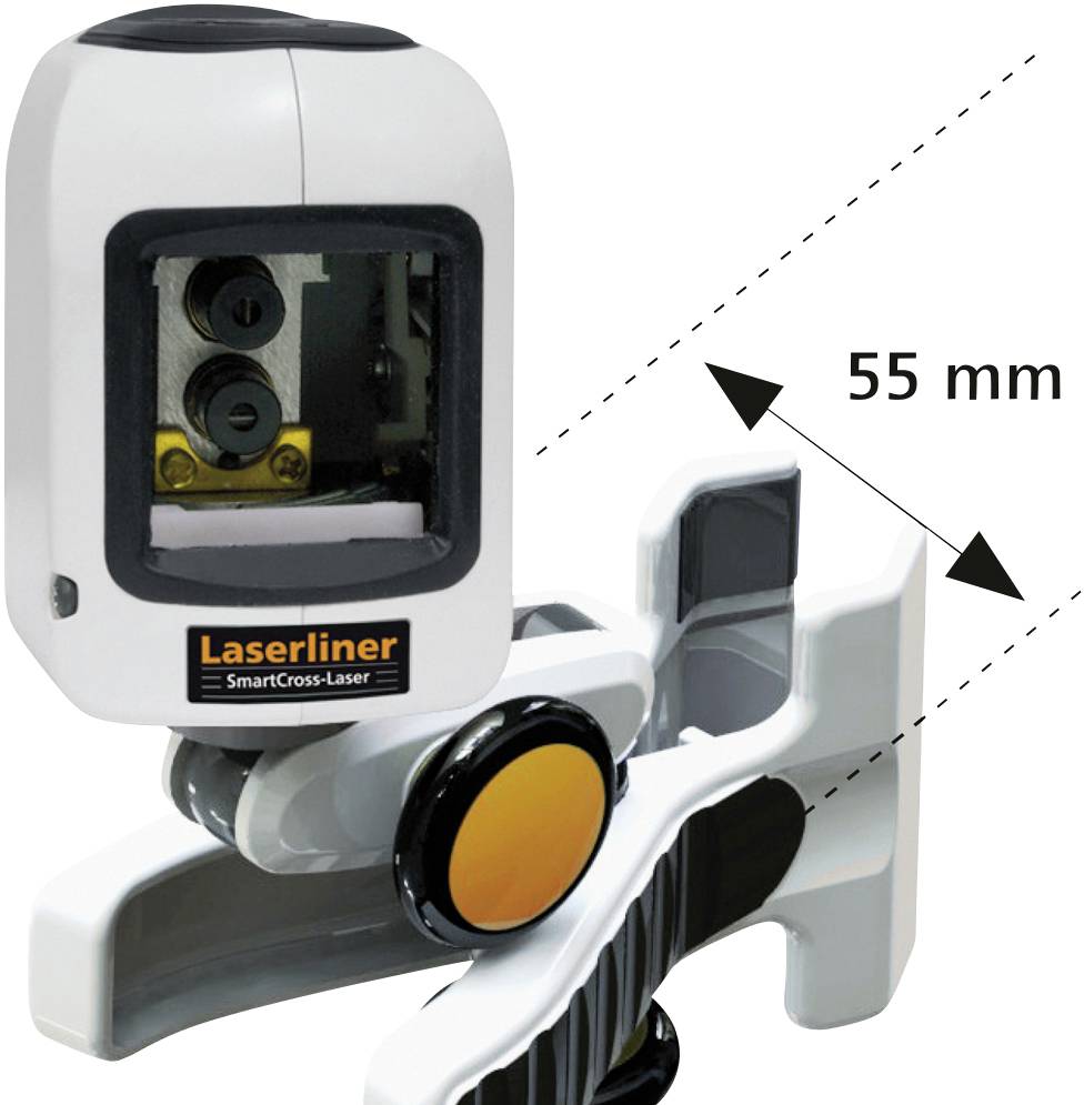 Laser measurement device shows a distance of 55 mm between two points. The device maintains precise alignment with a clamp as described in the instructions.