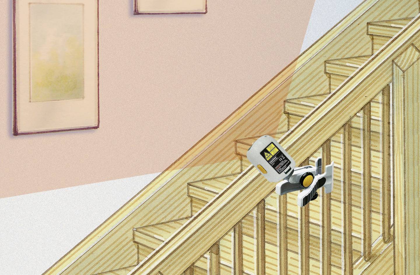 Measuring device is attached to a wooden staircase to measure inclination. Blurred images can be seen on the wall in the background.