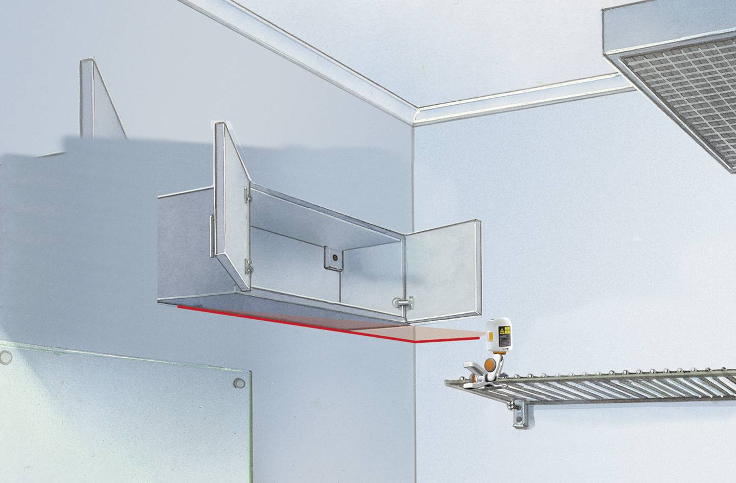 An open wall cabinet is being measured with a laser distance measuring device from a shelf to determine the space.