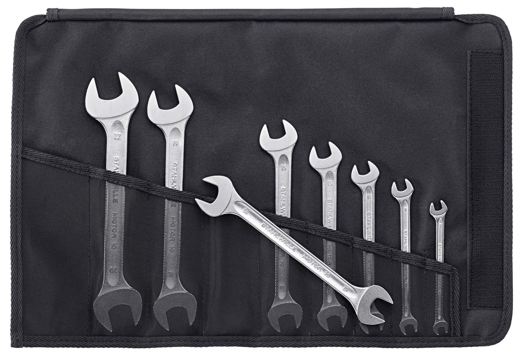 A set of eight wrenches of varying sizes organized in a black tool roll, ranging from small to large.