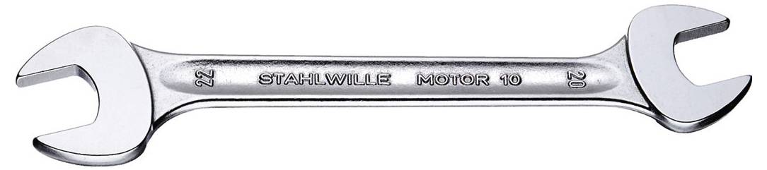 A metal open-end wrench labeled 'STAHLWILLE MOTOR 10', showing two different sizes, 22 and 21, on its ends.