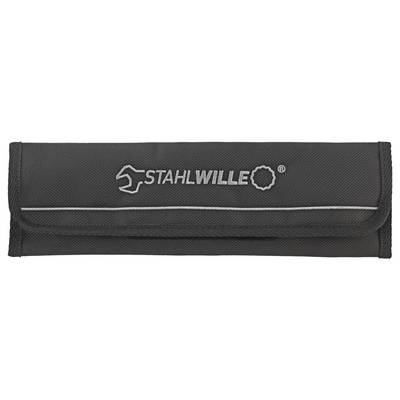 A black fabric roll-up tool pouch with the 'Stahlwille' logo embroidered in white on the front, featuring a flap and white trim.