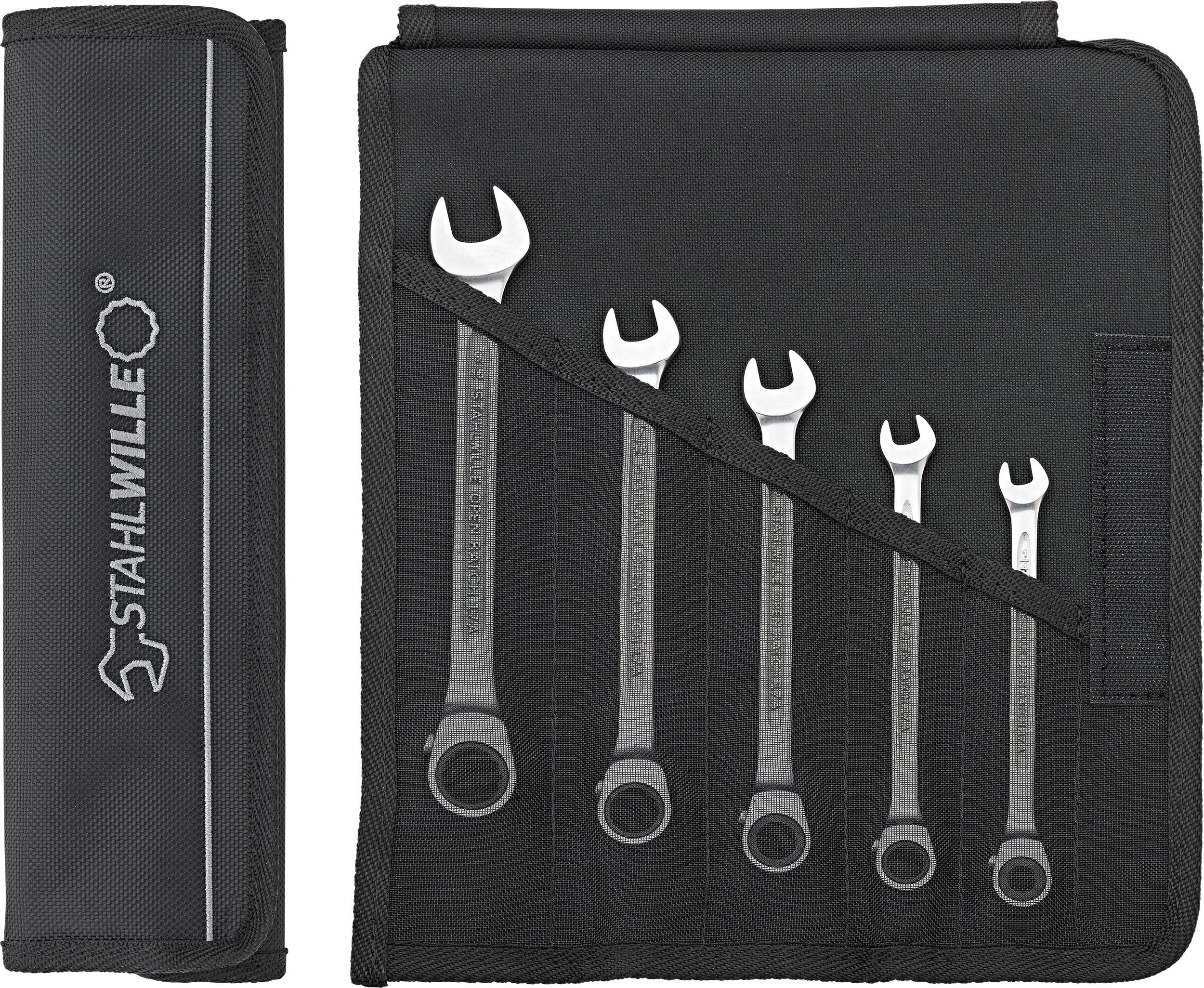A set of five ring spanners in a rollable pouch, with the brand name 'Stahlwille' printed on the pouch.
