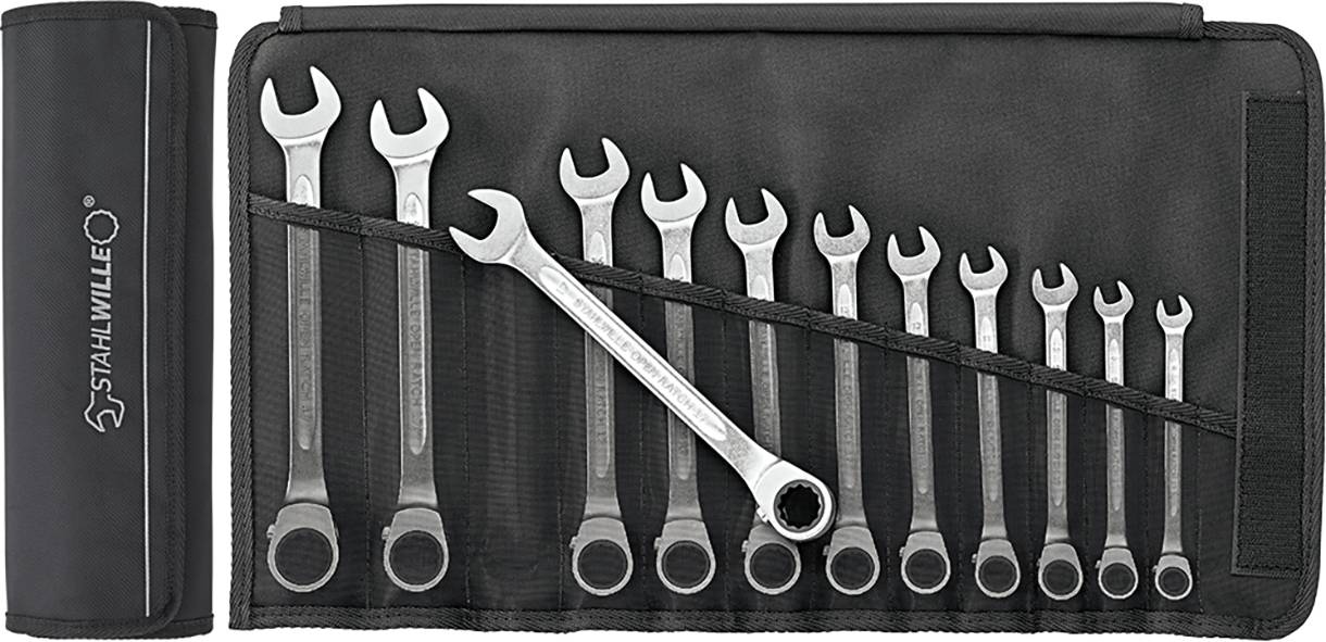A set of ring and open-ended spanners in various sizes, neatly arranged in a rollable black case.