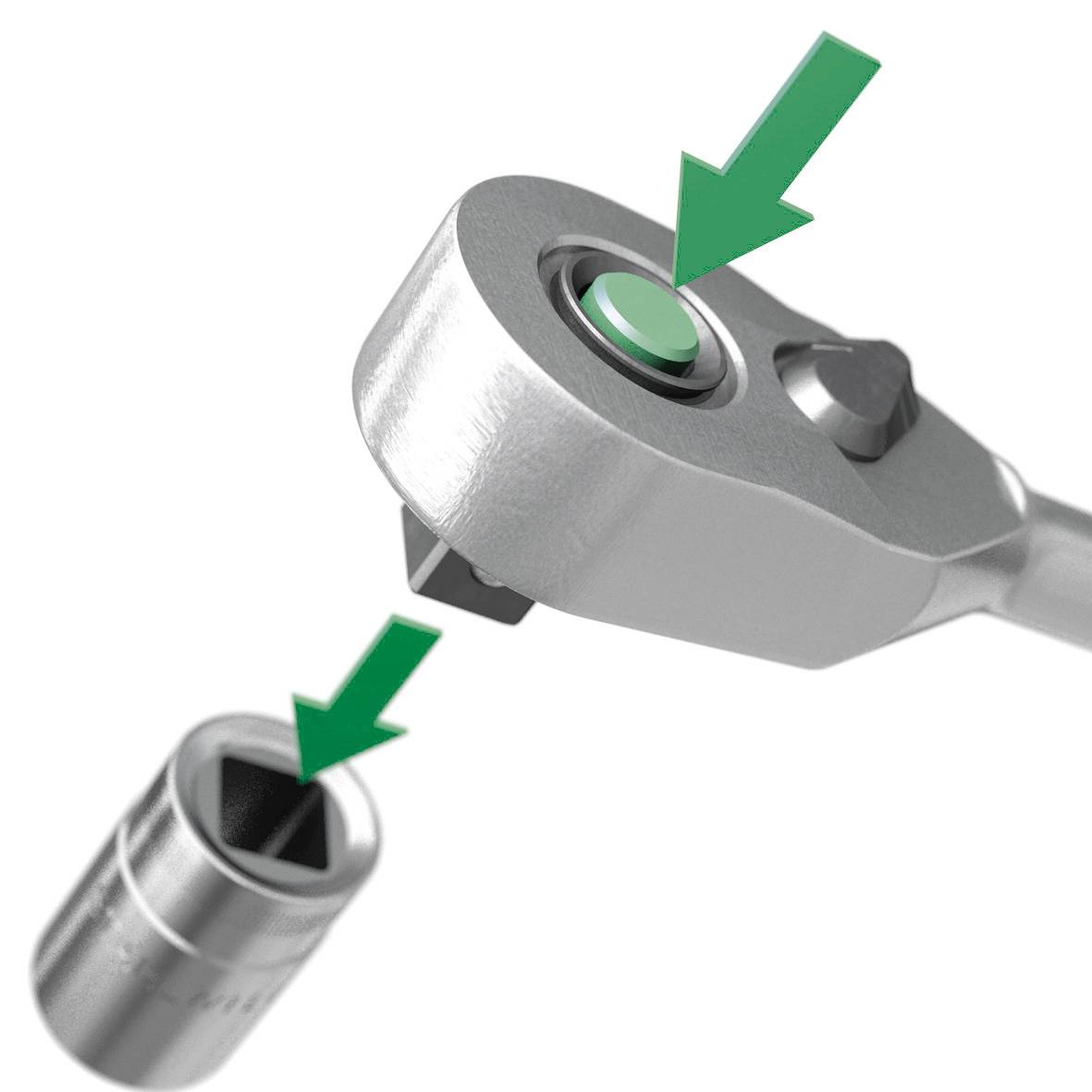A ratchet wrench with a green-highlighted button for releasing a socket, shown with an arrow pointing to where the socket attaches.