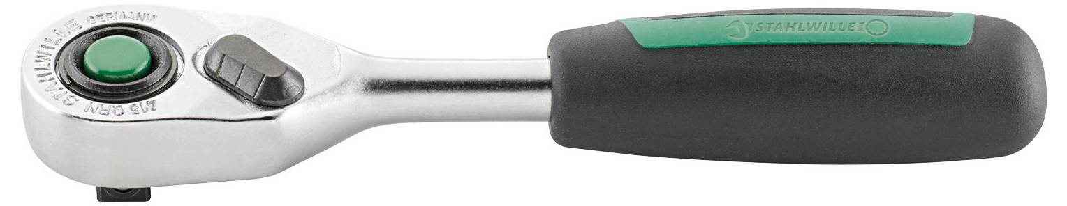 A ratchet wrench with a black and green handle, designed for tightening or loosening nuts and bolts efficiently.