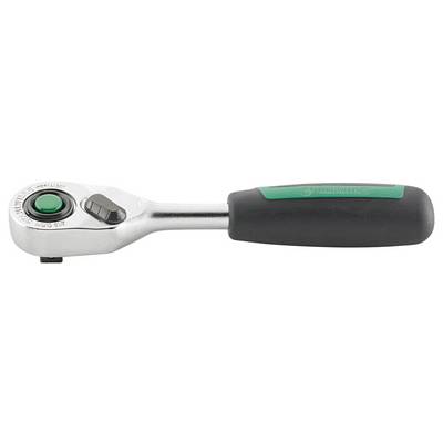 A ratchet wrench with a black and green handle, designed for tightening or loosening nuts and bolts efficiently.