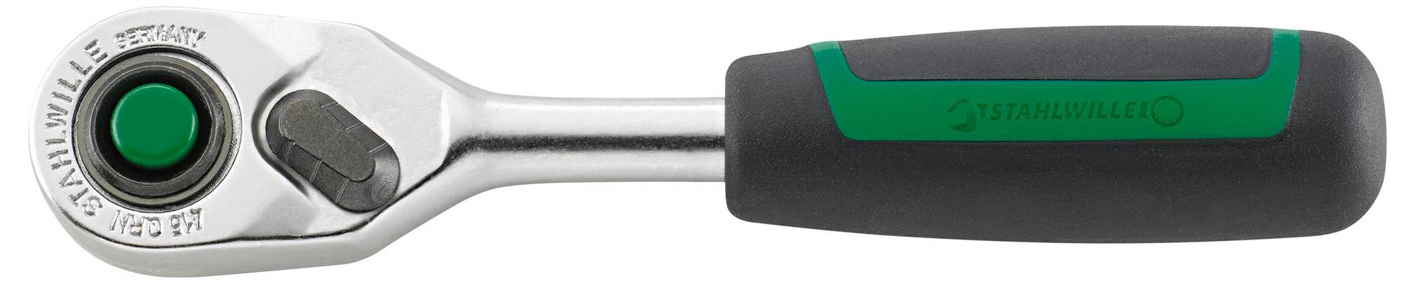 A metallic ratchet wrench with a black and green rubber grip handle.