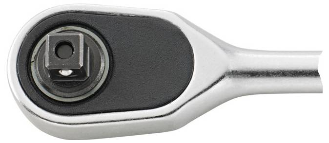 A metal ratchet wrench head with a square drive, set against a white background.