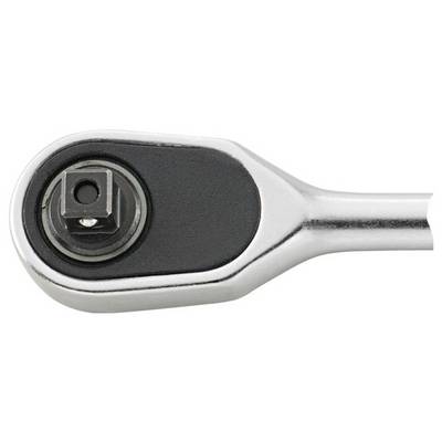 A metal ratchet wrench head with a square drive, set against a white background.