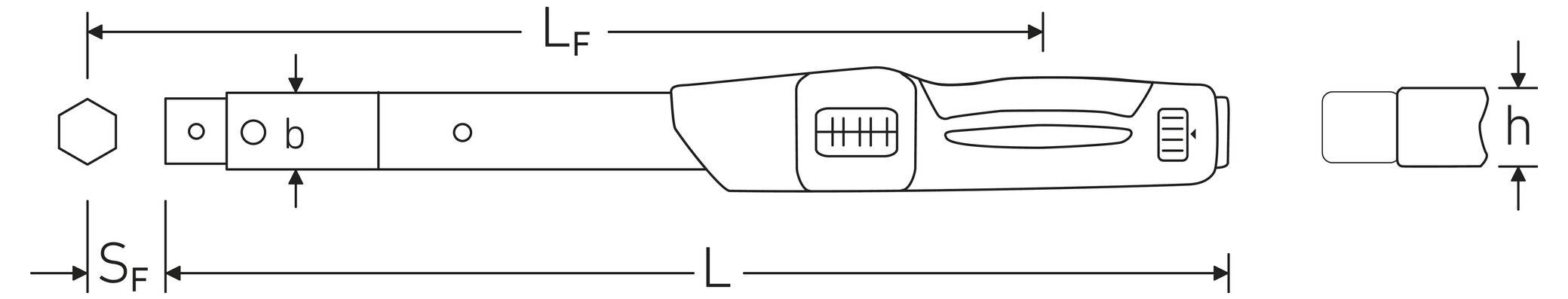 'Technical drawing of a torque wrench with labeled parts including length (L), handle, hexagonal socket, and dimensions (S_f, L_F, h).'