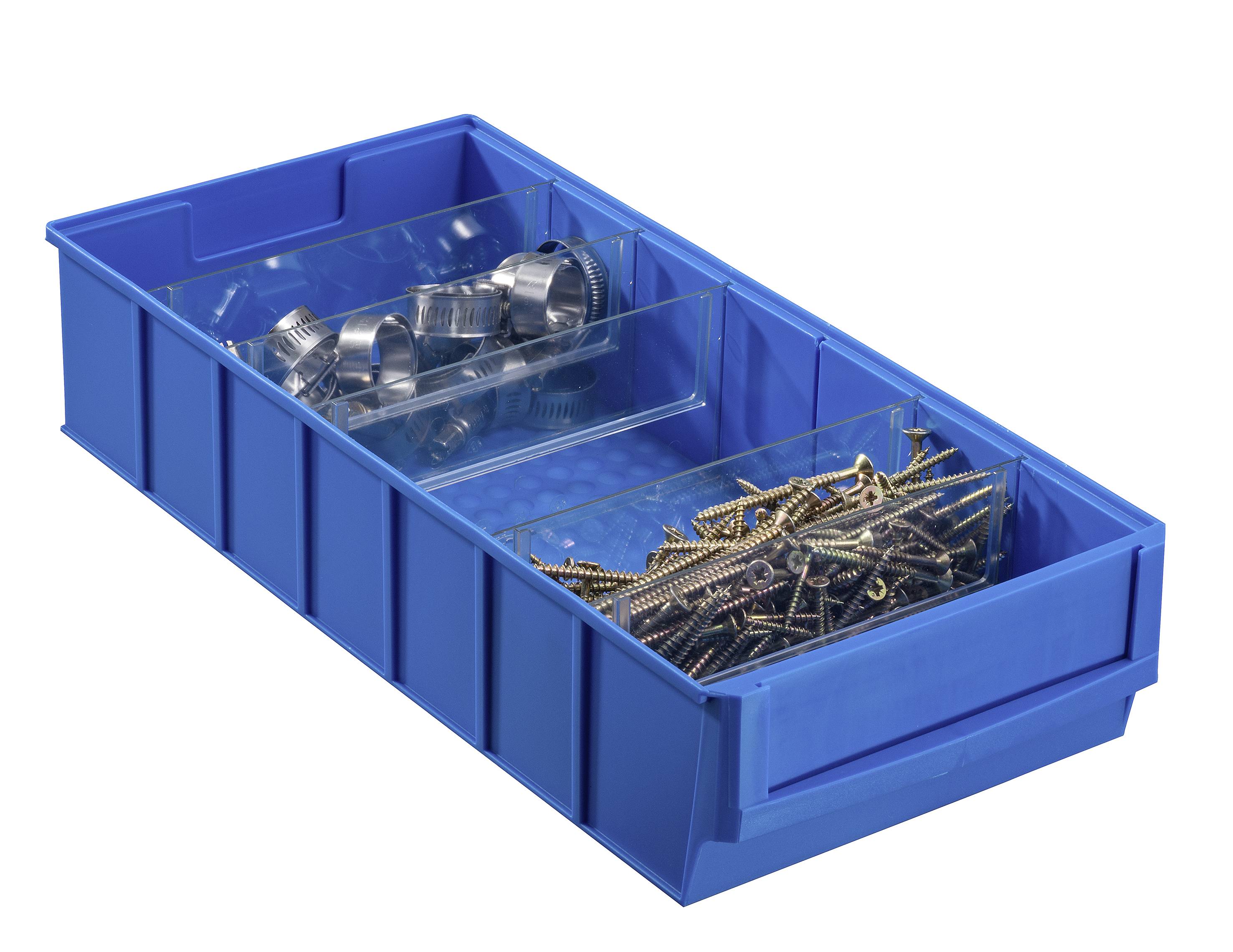 A blue toolbox with metal clips and screws, neatly sorted in two compartments.