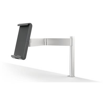 Height-adjustable metal monitor arm with a mount for screens, installed on an angled surface for ergonomic working.<br><br>Adjustable Metal Monitor Arm with Screen Mounting Bracket, Positioned on an Angled Surface to Promote Ergonomic Workplace Comfort.