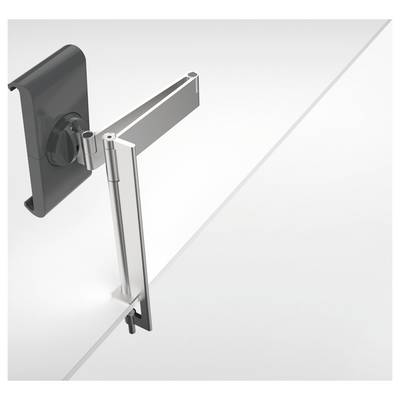 An adjustable monitor arm, mounted on a desk, provides flexible positioning for a computer monitor.