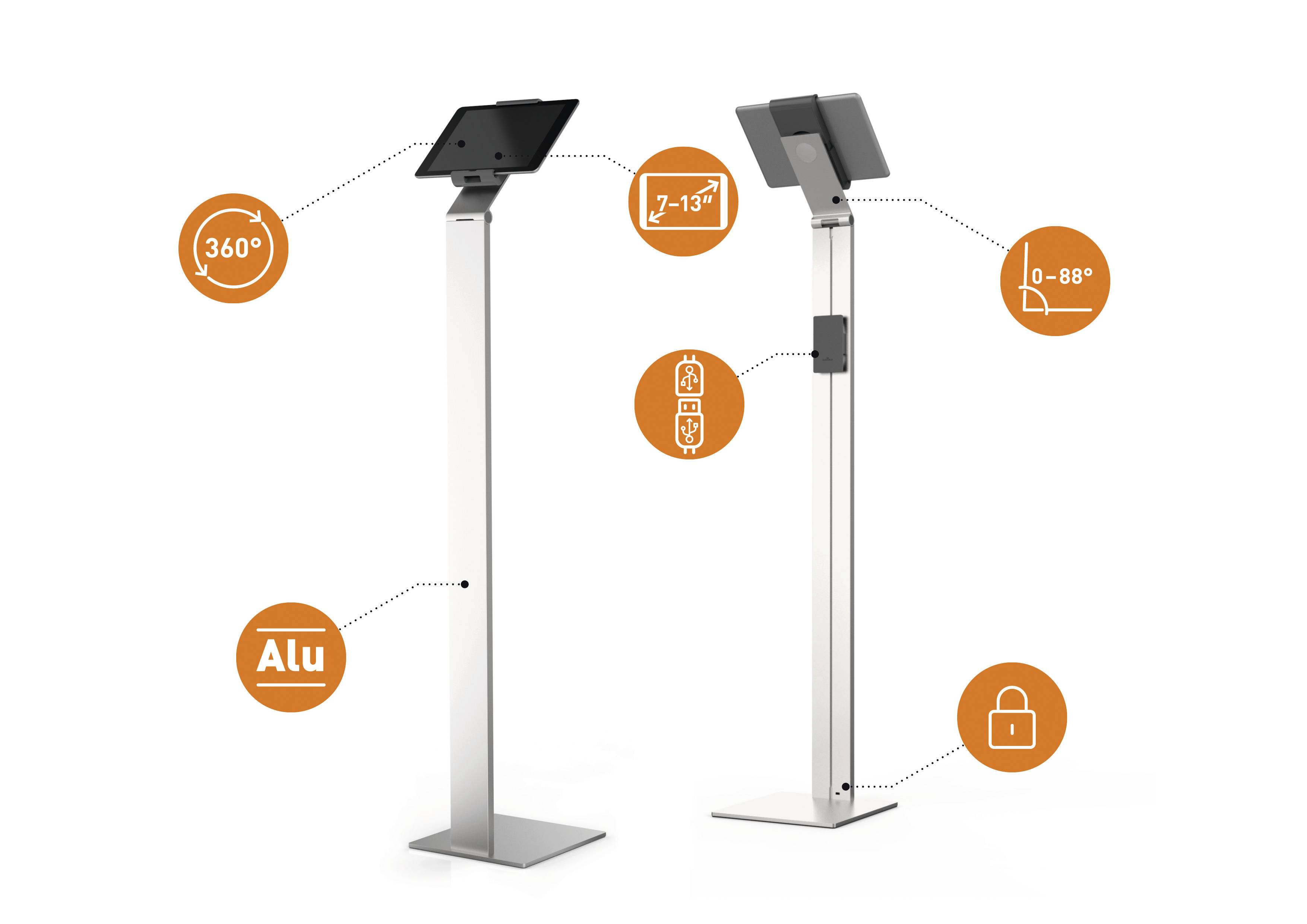 Two silver aluminium tablet stands with pivoting mount for 7-13 inch tablets, which are rotatable 360 degrees.
