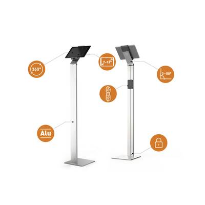 Two silver aluminium tablet stands with pivoting mount for 7-13 inch tablets, which are rotatable 360 degrees.
