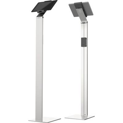 Two silver tablet stands with adjustable angles, each mounted on a sturdy base. They are suitable for presentations or trade show appearances.